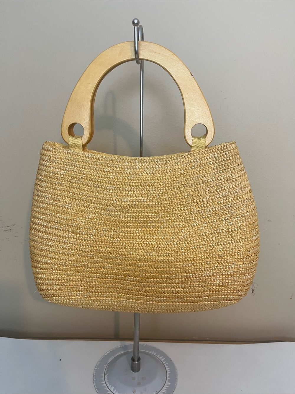 Handwoven Straw Tote with Curved Wooden Handles - Yellow
